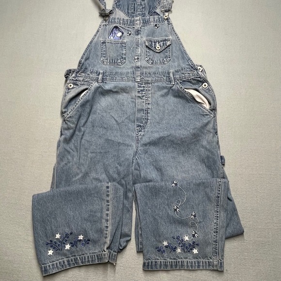 VTG Disney Eeyore Denim Overalls Women's Large Embroidered Flowers Dragonflies‎